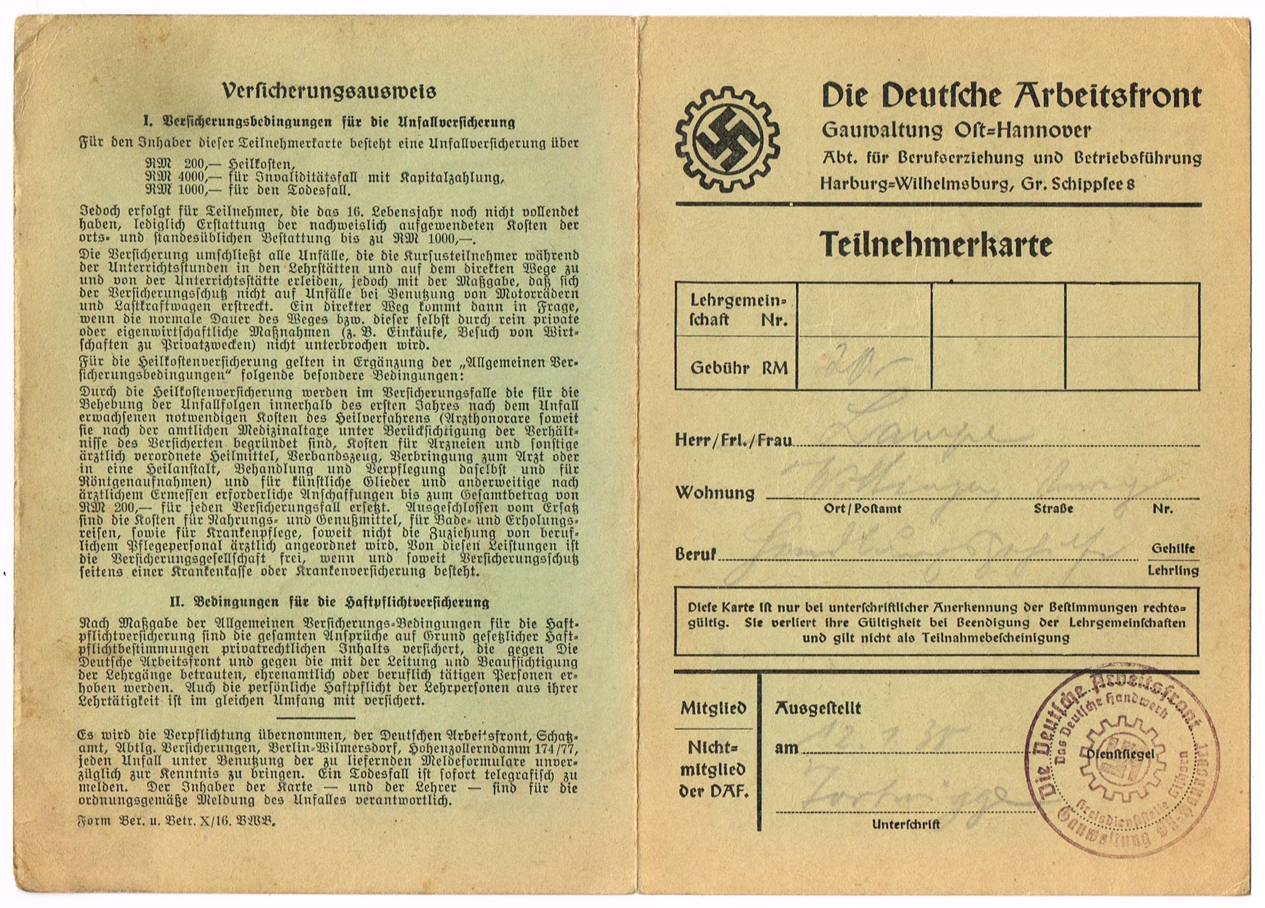 Photo Teilnehmerkarte DAF - Gauwaltung Ost-Hannover